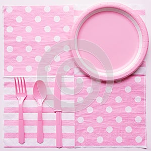 Pink color paper plate with plastic spoon, fork and knife