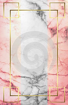 Pink colored marble textured background with black and white stripe zone and gold line frame