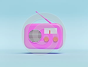 Pink colored retro radio isolated on pastel background. 3d rendering