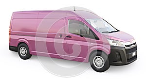 Pink commercial van for transporting small loads in the city on a white background. Blank body for your design. 3d