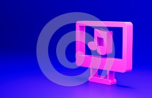 Pink Computer with music note symbol on screen icon isolated on blue background. Minimalism concept. 3D render