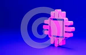 Pink Computer processor with microcircuits CPU icon isolated on blue background. Chip or cpu with circuit board. Micro