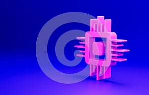 Pink Computer processor with microcircuits CPU icon isolated on blue background. Chip or cpu with circuit board. Micro