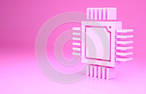 Pink Computer processor with microcircuits CPU icon isolated on pink background. Chip or cpu with circuit board. Micro