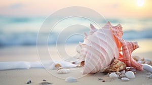 A pink conch shell on the beach with a sunset in the background, AI