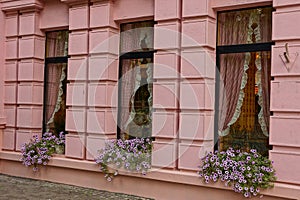 A pink concrete wall of a house with a row of three windows with curtains and flowerpots