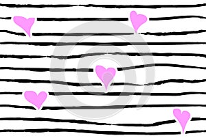 Pink confetti heart on striped background. Seamless love pattern. Hand painted black brush strokes on white. Valentines day emo