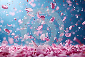 pink confetti petals falls. confetti, streamer, tinsel on a blue background photo