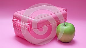 A pink container with a green apple on top of it