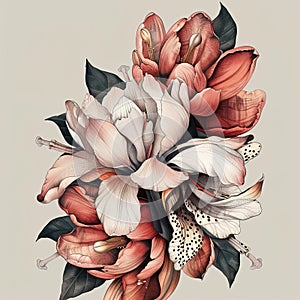 Pink and coral orchids and lilies on beige background. Beautiful bouquet of flowers, detailed botanical illustration.