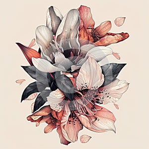 Pink and coral orchids and lilies on beige background. Beautiful bouquet of flowers, detailed botanical illustration.