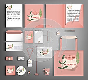 Pink corporate identity template with floral ornament in the style of minimalism.
