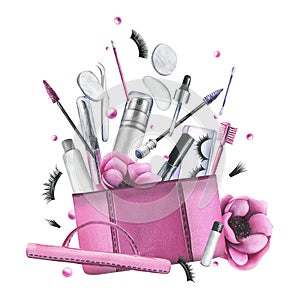 Pink cosmetic bag with anemone flowers and various decorative and skin care cosmetics. Watercolor illustration, hand