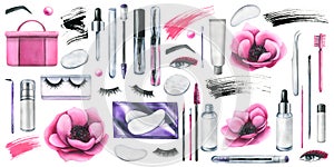 Pink cosmetic bag with anemone flowers and various decorative and skin care cosmetics. Watercolor illustration, hand