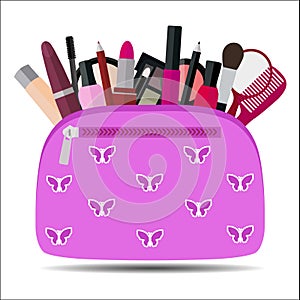 Pink cosmetic bag with makeup on white background