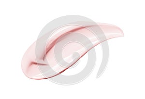 Pink cosmetic cream smear isolated on white background. Peach color beauty creme swipe. Skincare product creamy texture.