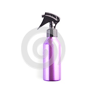 Pink cosmetic spray bottle isolated on white background. Plastic container closeup