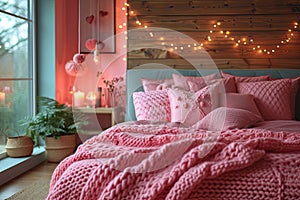 Pink cosy bedroom for a young girl in pink with knitted plaid and cushions