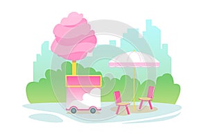 Pink cotton candy cart kiosk on wheels, cartoon candyfloss store on city street vector illustration. Sugar floss maker