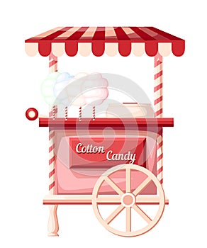 Pink cotton candy cart kiosk on wheels portable store idea for festival vector illustration isolated on white background web site