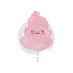 Pink cotton candy cute Kawaii food cartoon character vector Illustration on a white background