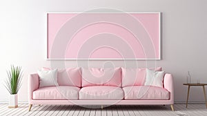 Pink Couch in Living Room with Empty Picture Frame Mock Ups Hanging on a Grey Wall, Frame Mockup