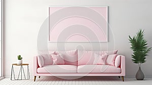 Pink Couch in Living Room with Empty Picture Frame Mock Ups Hanging on a Grey Wall, Frame Mockup