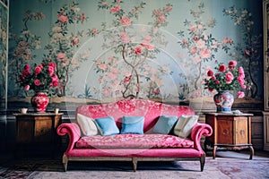 Pink Couch in Living Room with Flower Vase