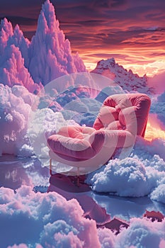 A pink couch is sitting on a table in a snowy mountain valley