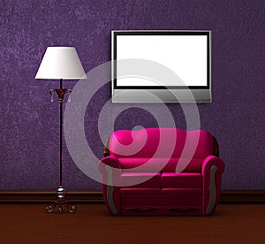 Pink couch and standard lamp with lcd tv