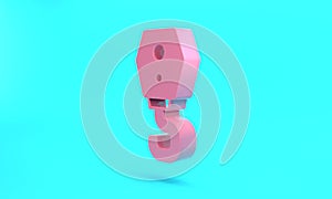 Pink Crane hook icon isolated on turquoise blue background. Industrial hook icon. Minimalism concept. 3D render