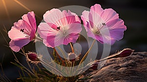 Pink cranesbill geraniums illuminated by sunlight against a dark background