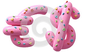 Pink cream with colorful sweets font. Euro and dollar symbol..