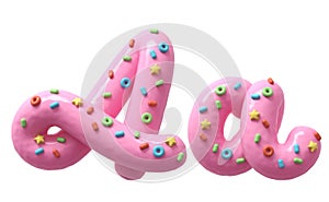 Pink cream with colorful sweets font. Letter A.