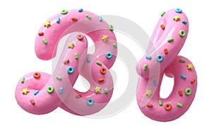 Pink cream with colorful sweets font. Letter B.