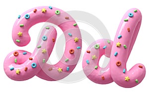 Pink cream with colorful sweets font. Letter D.