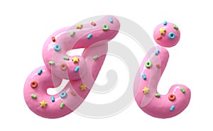 Pink cream with colorful sweets font. Letter I.