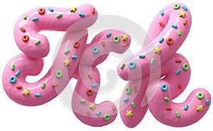 Pink cream with colorful sweets font. Letter K.