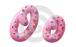 Pink cream with colorful sweets font. Letter O.