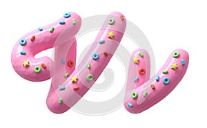 Pink cream with colorful sweets font. Letter V.