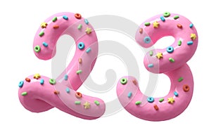 Pink cream with colorful sweets font. Number 2 3