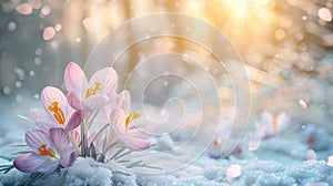 The crocus flowers in snow.AI generated image