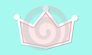 Pink crown on blue background. Vector cut paper. Cute girlish illustration for little princess.