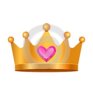 Pink crown for a princess girl with a diamond stone in the shape of a heart. flat vector illustration isolated on white background