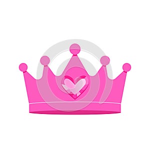 Pink crown for a princess girl with a diamond stone in the shape of a heart. flat vector illustration isolated on white background