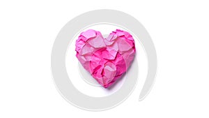 Pink Crumpled Paper Heart Shape Symbol Stop Motion Animation Loop White Background