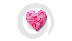 Pink Crumpled Paper Heart Shape Symbol Stop Motion Loop White Background