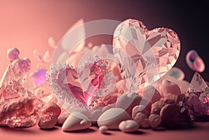 Pink crystal hearts background, digital painting effect and photorealistic mix.