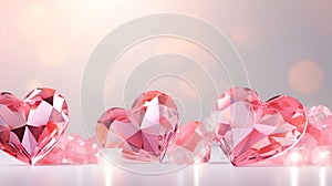 Pink crystal hearts on pink bokeh background, love banner, greeting card, close-up. Happy Valentine\'s Day background with 3d