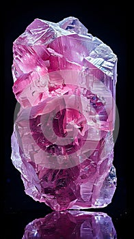 A pink crystal is shown on a black background